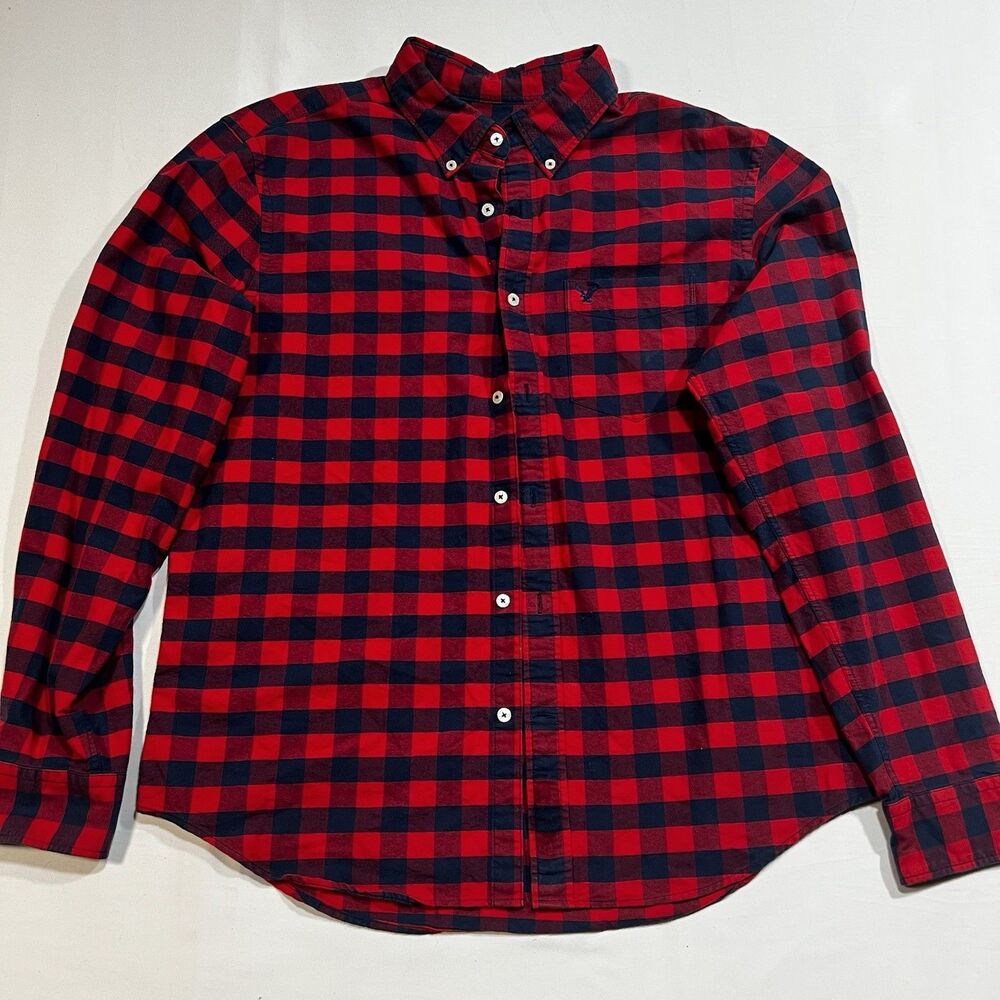 American Eagle Men's Large Red Black Checkered Plaid Button Down Shirt L